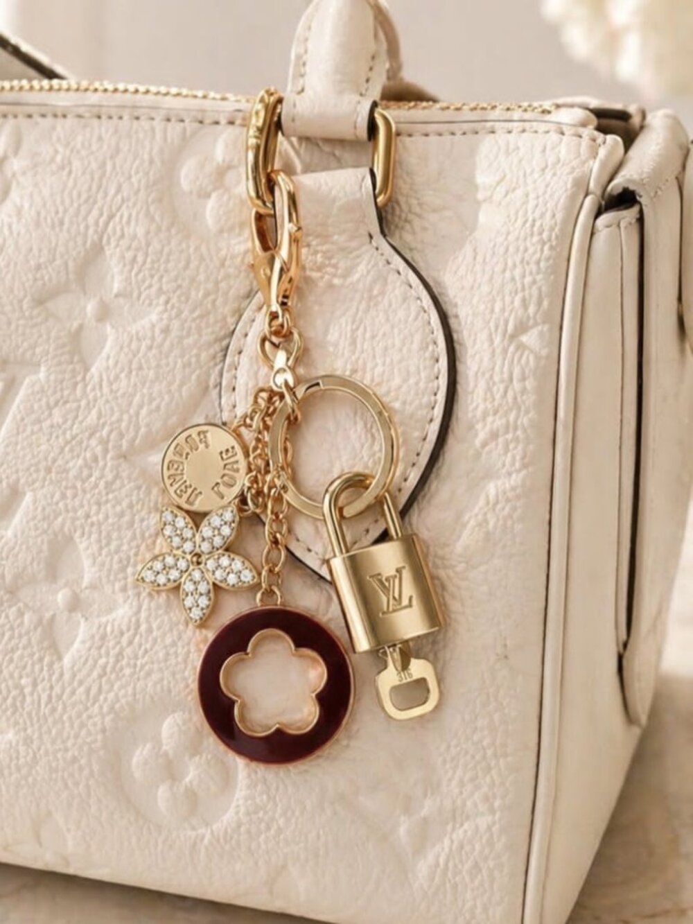 LV Authentic Gold Lock & Key 🔑 Luxury Bag Charm w/ Unbranded Flower Keychain